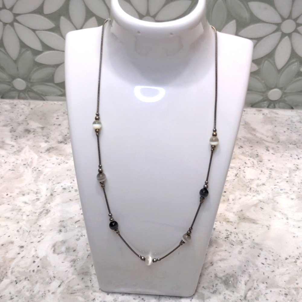 Vintage PHD Necklace with Blue & White Cat-Eye Beads on a Silver Chain